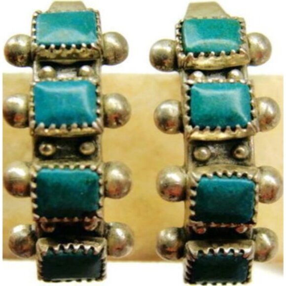 Green Tribal Turquoise Vintage Sterling Silver 925 Screw Back Earrings Patina - Picture 1 of 11